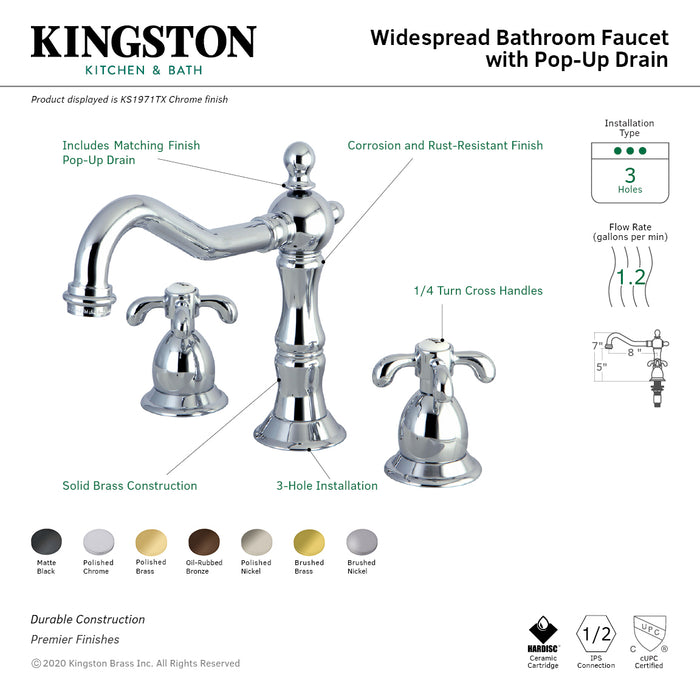 Kingston Heirloom KS1972TX - French Country Two-Handle 3-Hole Deck Mount Widespread Bathroom Faucet with Brass Pop-Up, Polished Brass