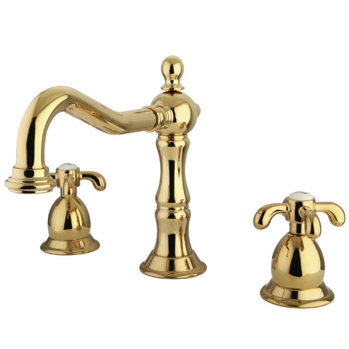 French Country KS1972TX Two-Handle 3-Hole Deck Mount Widespread Bathroom Faucet with Brass Pop-Up, Polished Brass
