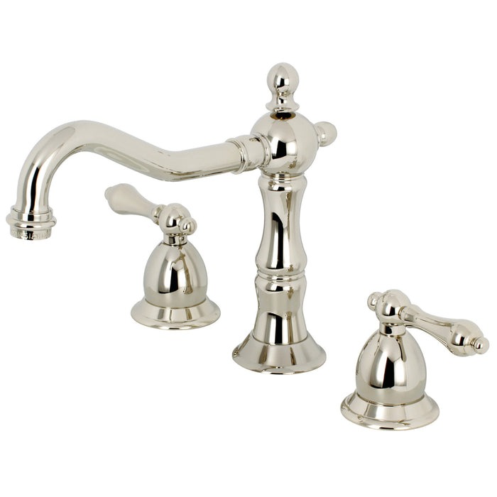 Heritage KS1976AL Two-Handle 3-Hole Deck Mount Widespread Bathroom Faucet with Brass Pop-Up, Polished Nickel