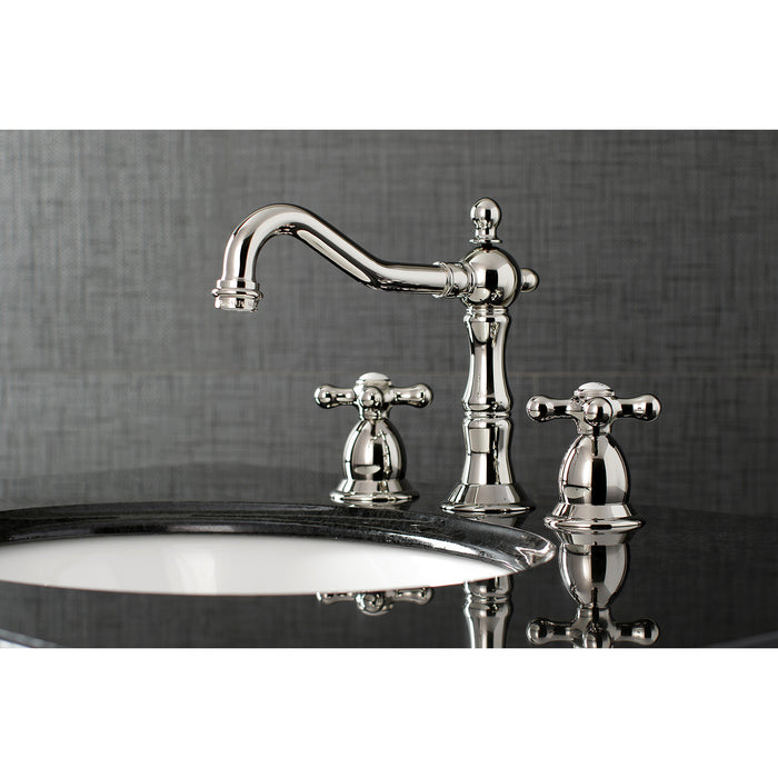 Heritage KS1976AX Two-Handle 3-Hole Deck Mount Widespread Bathroom Faucet with Brass Pop-Up, Polished Nickel