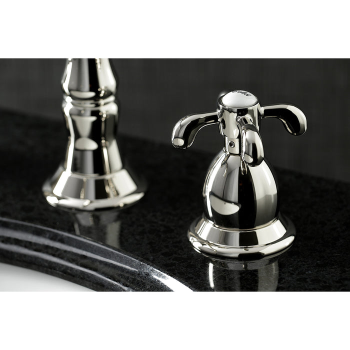 French Country KS1976TX Two-Handle 3-Hole Deck Mount Widespread Bathroom Faucet with Brass Pop-Up, Polished Nickel