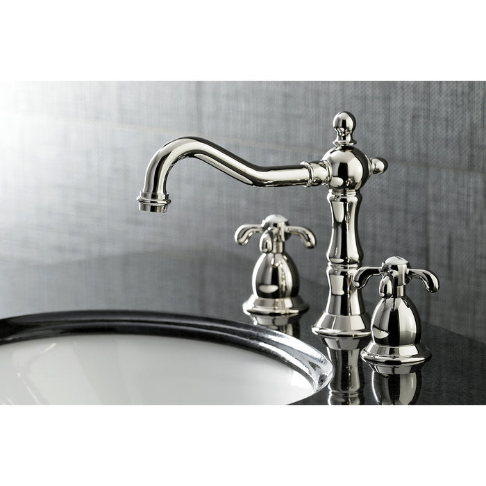 Kingston Heirloom KS1976TX - French Country Two-Handle 3-Hole Deck Mount Widespread Bathroom Faucet with Brass Pop-Up, Polished Nickel