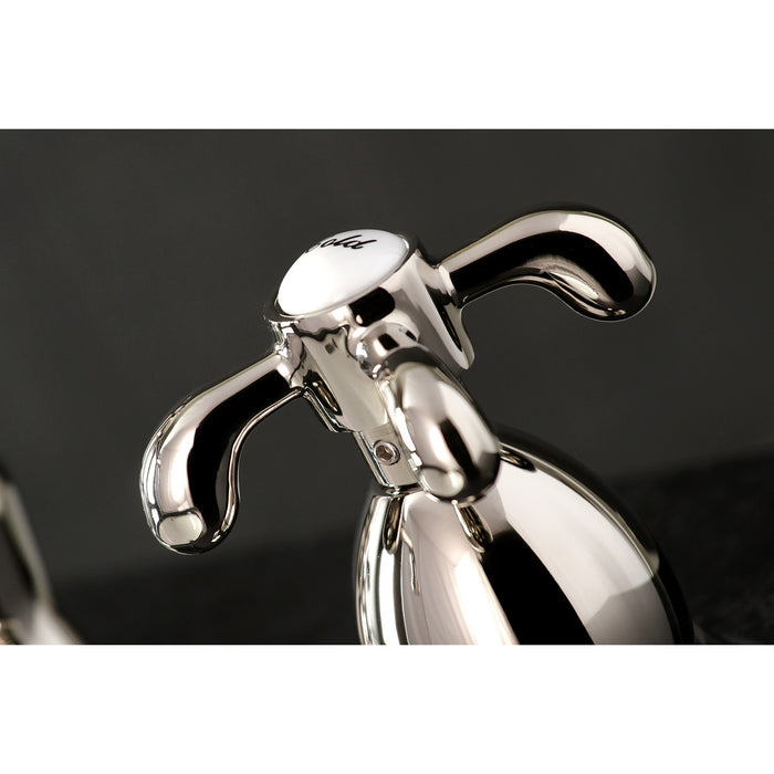 Kingston Heirloom KS1976TX - French Country Two-Handle 3-Hole Deck Mount Widespread Bathroom Faucet with Brass Pop-Up, Polished Nickel