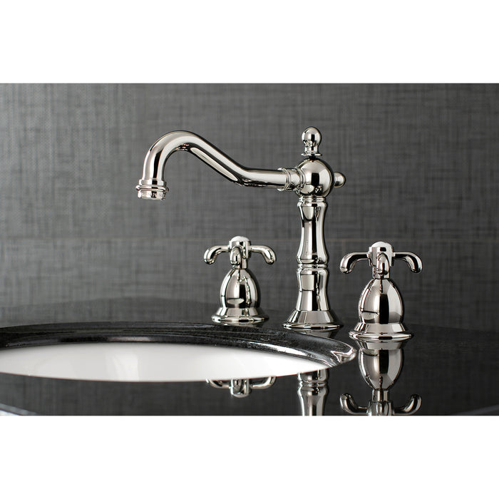 Kingston Heirloom KS1976TX - French Country Two-Handle 3-Hole Deck Mount Widespread Bathroom Faucet with Brass Pop-Up, Polished Nickel