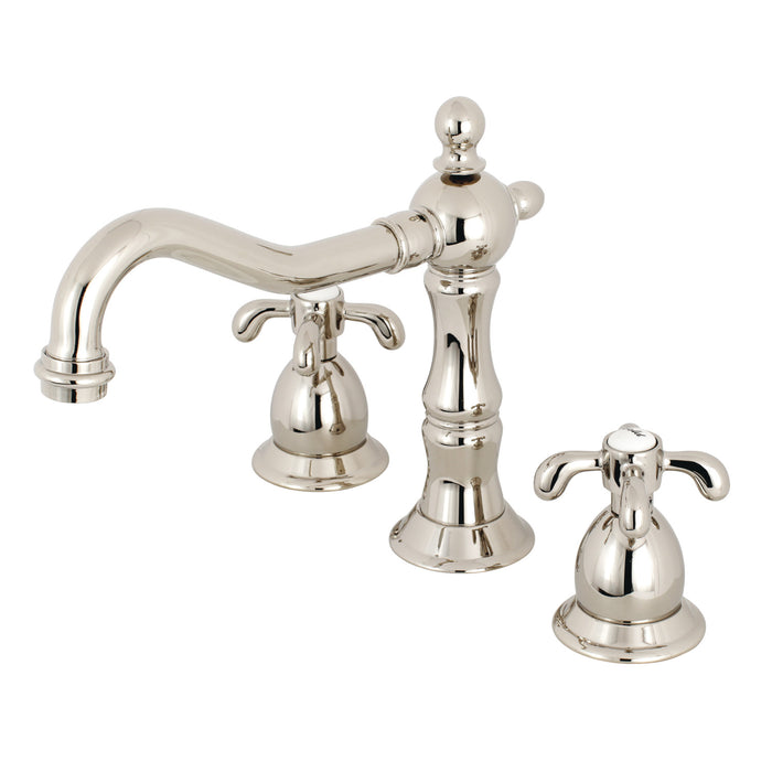 French Country KS1976TX Two-Handle 3-Hole Deck Mount Widespread Bathroom Faucet with Brass Pop-Up, Polished Nickel
