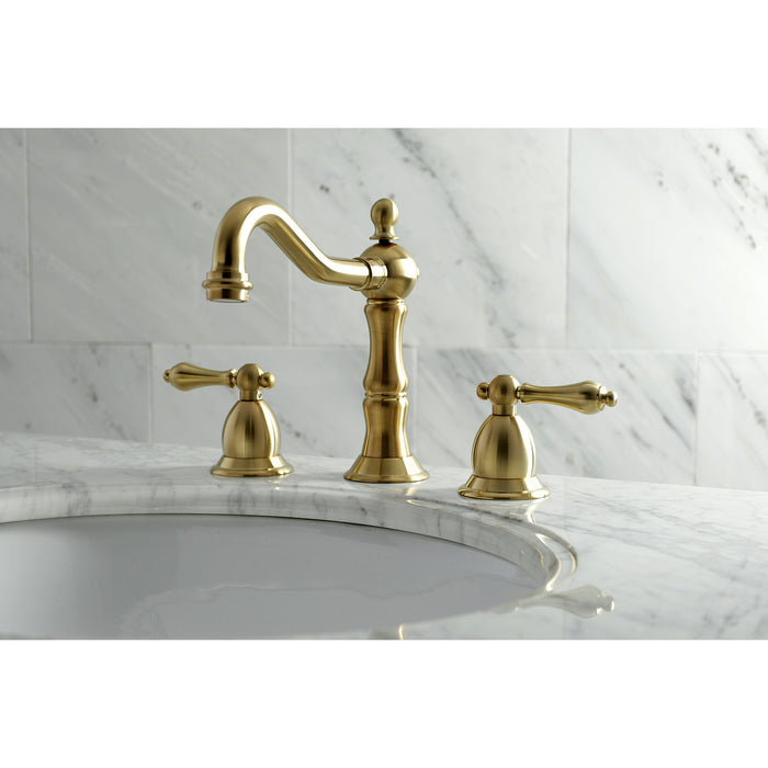 Heritage KS1977AL Two-Handle 3-Hole Deck Mount Widespread Bathroom Faucet with Brass Pop-Up, Brushed Brass