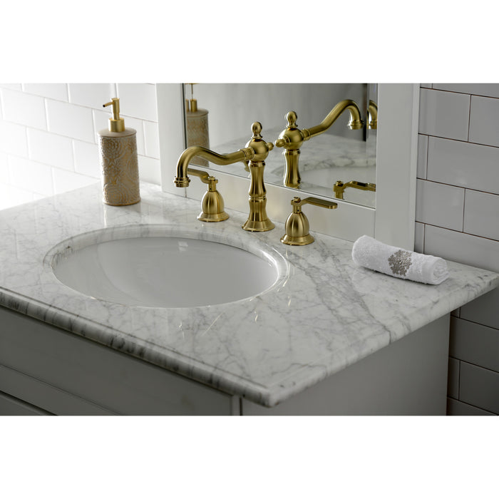 Whitaker KS1977KL Two-Handle 3-Hole Deck Mount Widespread Bathroom Faucet with Brass Pop-Up, Brushed Brass