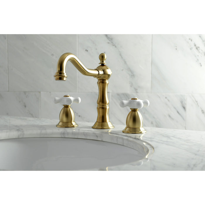 Heritage KS1977PX Two-Handle 3-Hole Deck Mount Widespread Bathroom Faucet with Brass Pop-Up, Brushed Brass