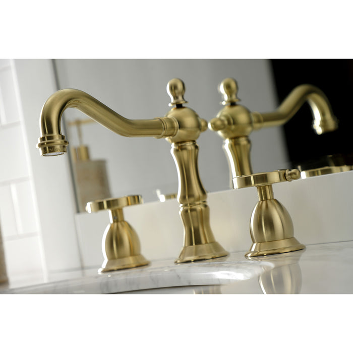 Belknap KS1977RX Two-Handle 3-Hole Deck Mount Widespread Bathroom Faucet with Brass Pop-Up, Brushed Brass