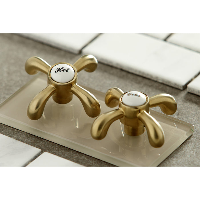 French Country KS1977TX Two-Handle 3-Hole Deck Mount Widespread Bathroom Faucet with Brass Pop-Up, Brushed Brass