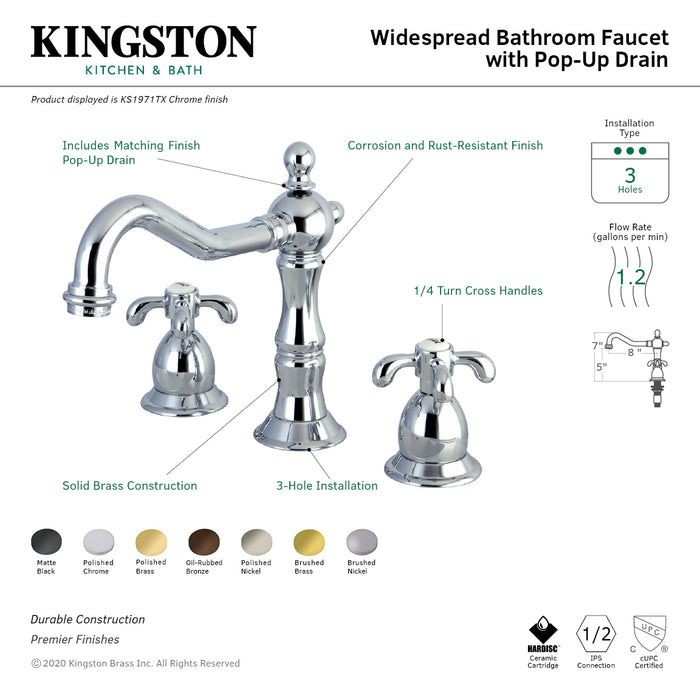 French Country KS1977TX Two-Handle 3-Hole Deck Mount Widespread Bathroom Faucet with Brass Pop-Up, Brushed Brass