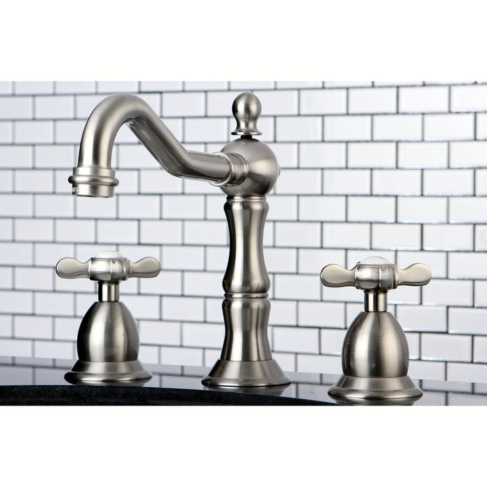 Kingston Heirloom KS1978BEX - Essex Two-Handle 3-Hole Deck Mount Widespread Bathroom Faucet with Brass Pop-Up, Brushed Nickel