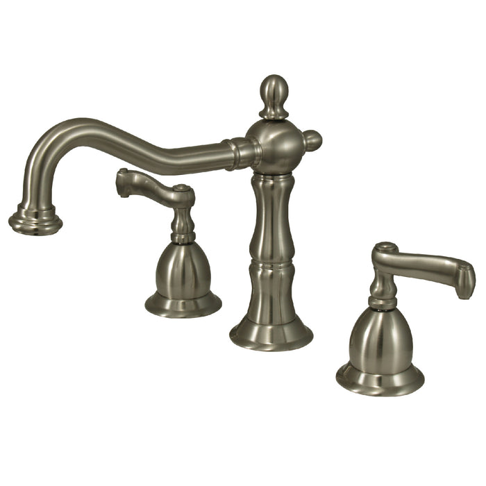 Heritage KS1978FL Two-Handle 3-Hole Deck Mount Widespread Bathroom Faucet with Brass Pop-Up, Brushed Nickel