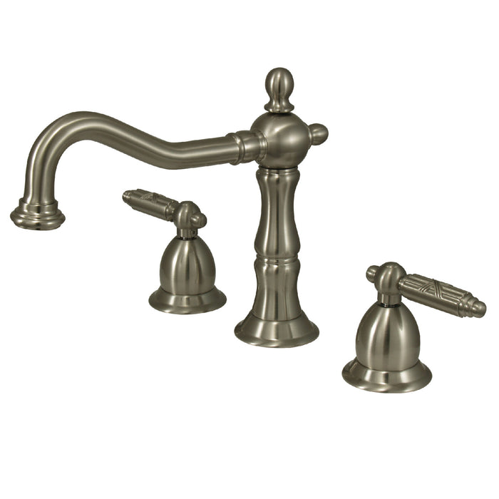Heritage KS1978GL Two-Handle 3-Hole Deck Mount Widespread Bathroom Faucet with Brass Pop-Up, Brushed Nickel