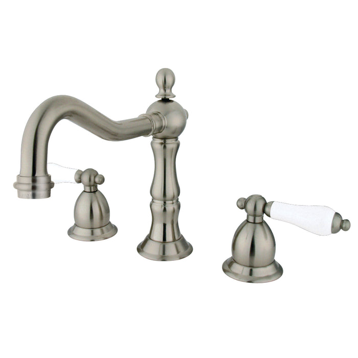 Heritage KS1978PL Two-Handle 3-Hole Deck Mount Widespread Bathroom Faucet with Brass Pop-Up, Brushed Nickel