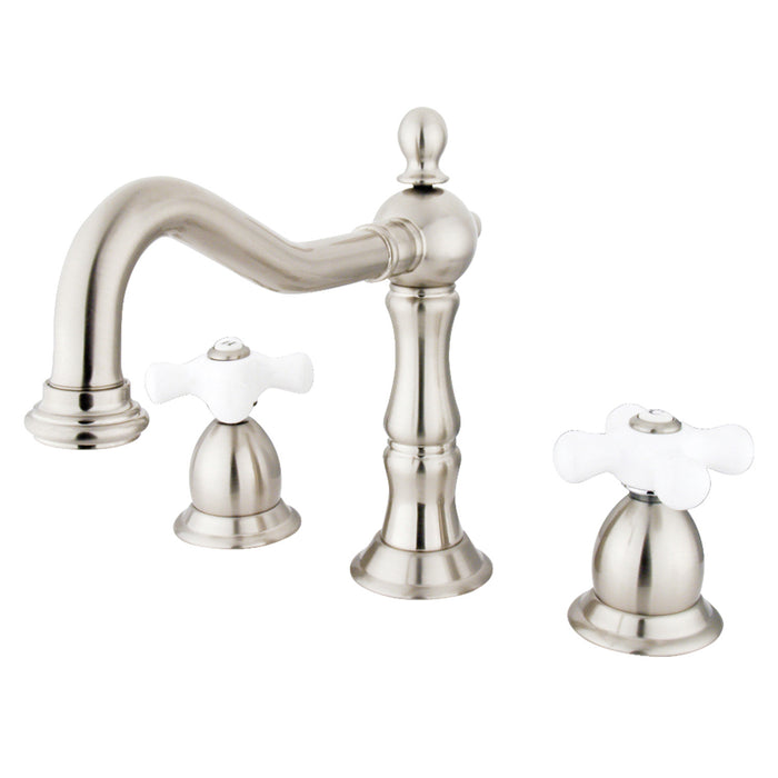 Heritage KS1978PX Two-Handle 3-Hole Deck Mount Widespread Bathroom Faucet with Brass Pop-Up, Brushed Nickel