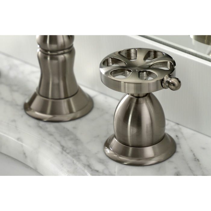 Kingston Heirloom KS1978RX - Belknap Two-Handle 3-Hole Deck Mount Widespread Bathroom Faucet with Brass Pop-Up, Brushed Nickel