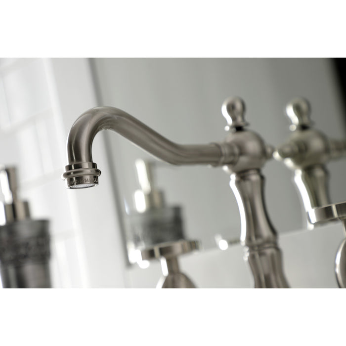 Kingston Heirloom KS1978RX - Belknap Two-Handle 3-Hole Deck Mount Widespread Bathroom Faucet with Brass Pop-Up, Brushed Nickel