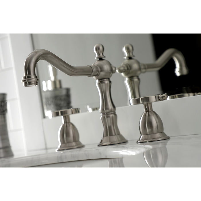 Kingston Heirloom KS1978RX - Belknap Two-Handle 3-Hole Deck Mount Widespread Bathroom Faucet with Brass Pop-Up, Brushed Nickel