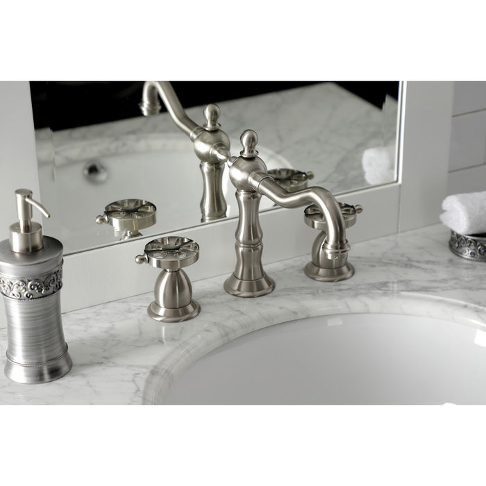 Kingston Heirloom KS1978RX - Belknap Two-Handle 3-Hole Deck Mount Widespread Bathroom Faucet with Brass Pop-Up, Brushed Nickel