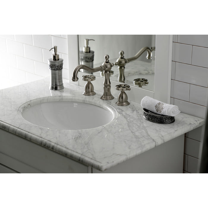 Kingston Heirloom KS1978RX - Belknap Two-Handle 3-Hole Deck Mount Widespread Bathroom Faucet with Brass Pop-Up, Brushed Nickel