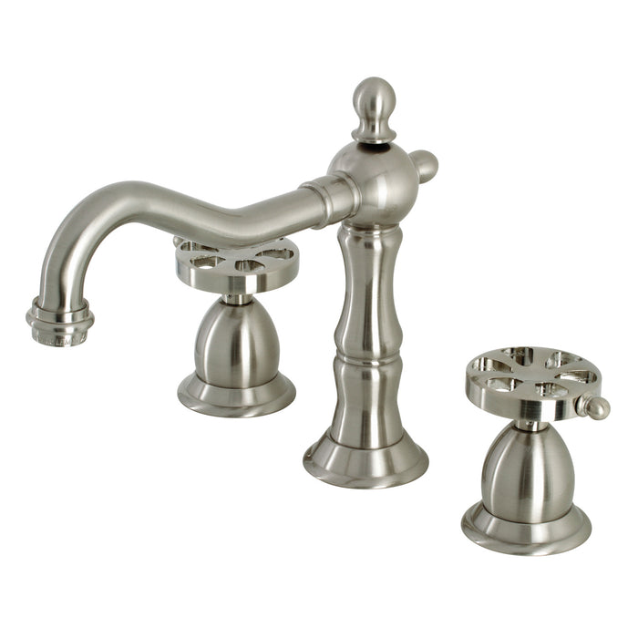 Kingston Heirloom KS1978RX - Belknap Two-Handle 3-Hole Deck Mount Widespread Bathroom Faucet with Brass Pop-Up, Brushed Nickel