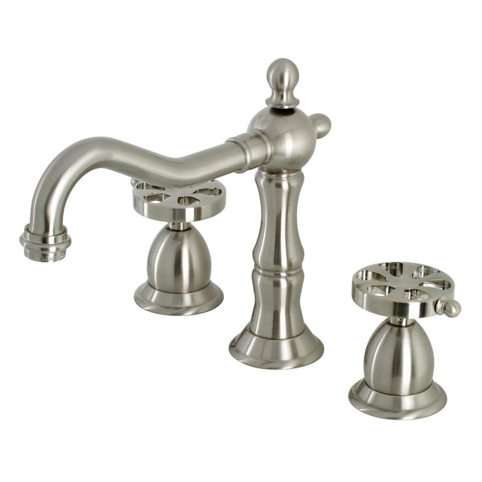 Belknap KS1978RX Two-Handle 3-Hole Deck Mount Widespread Bathroom Faucet with Brass Pop-Up, Brushed Nickel