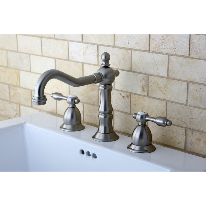 Tudor KS1978TAL Two-Handle 3-Hole Deck Mount Widespread Bathroom Faucet with Brass Pop-Up, Brushed Nickel