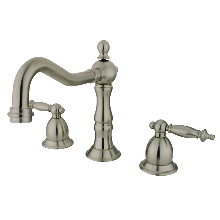 Heritage KS1978TL Two-Handle 3-Hole Deck Mount Widespread Bathroom Faucet with Brass Pop-Up, Brushed Nickel