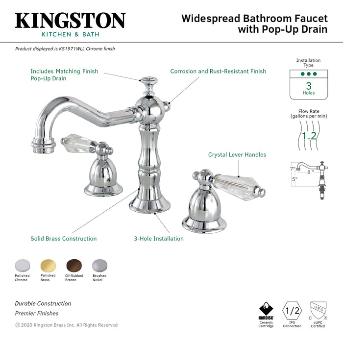Wilshire KS1978WLL Two-Handle 3-Hole Deck Mount Widespread Bathroom Faucet with Brass Pop-Up, Brushed Nickel