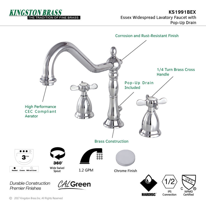 Kingston Heirloom KS1991BEX - Essex Two-Handle 3-Hole Deck Mount Widespread Bathroom Faucet with Brass Pop-Up, Polished Chrome