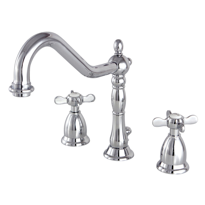 Kingston Heirloom KS1991BEX - Essex Two-Handle 3-Hole Deck Mount Widespread Bathroom Faucet with Brass Pop-Up, Polished Chrome