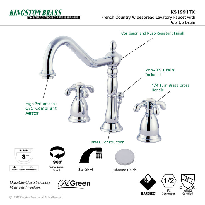 Kingston Heirloom KS1991TX - French Country Two-Handle 3-Hole Deck Mount Widespread Bathroom Faucet with Brass Pop-Up, Polished Chrome