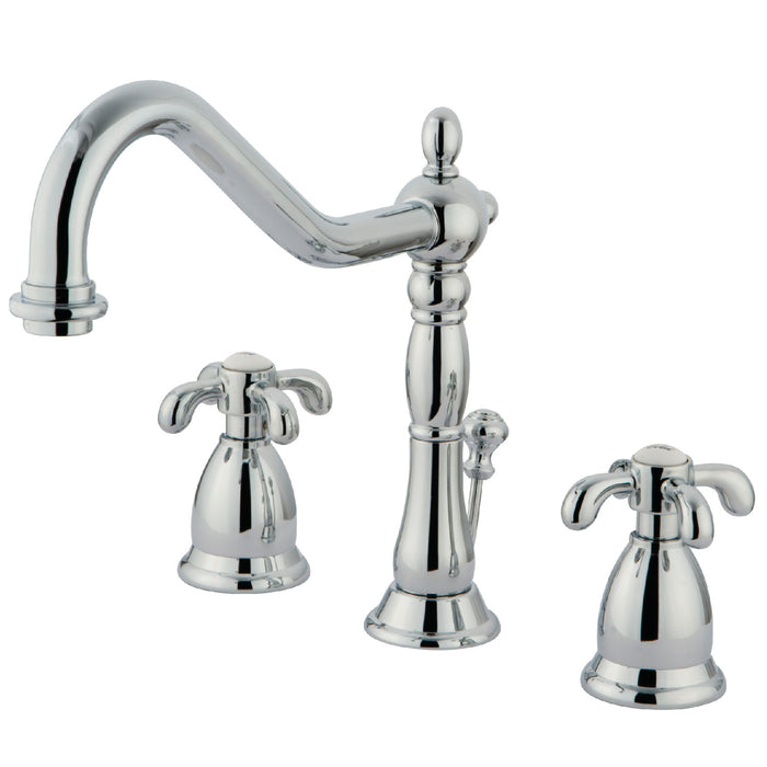 Kingston Heirloom KS1991TX - French Country Two-Handle 3-Hole Deck Mount Widespread Bathroom Faucet with Brass Pop-Up, Polished Chrome