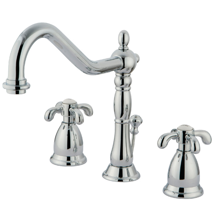 French Country KS1991TX Two-Handle 3-Hole Deck Mount Widespread Bathroom Faucet with Brass Pop-Up, Polished Chrome