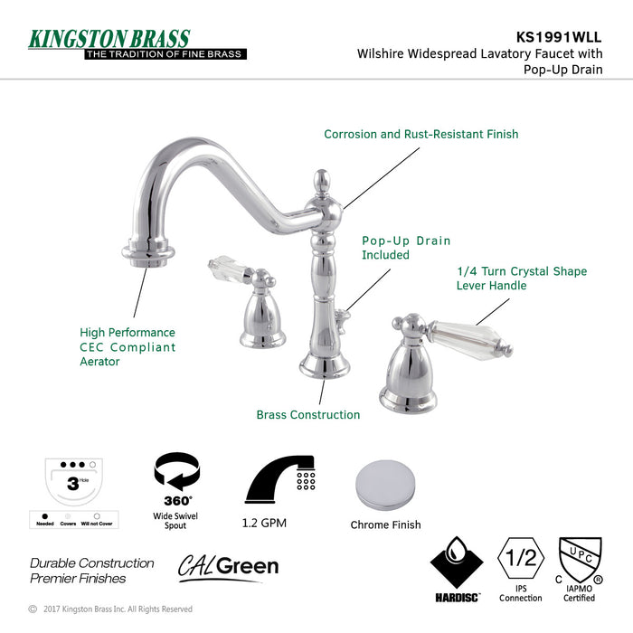 Wilshire KS1991WLL Two-Handle 3-Hole Deck Mount Widespread Bathroom Faucet with Brass Pop-Up, Polished Chrome