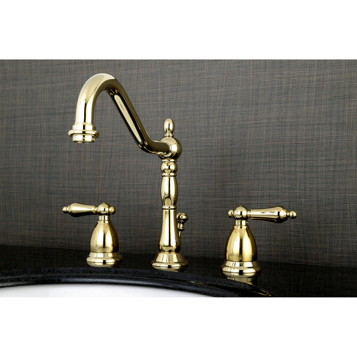 Heritage KS1992AL Two-Handle 3-Hole Deck Mount Widespread Bathroom Faucet with Brass Pop-Up, Polished Brass