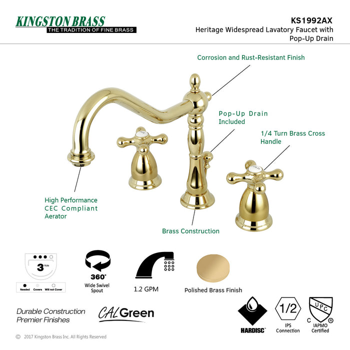 Heritage KS1992AX Two-Handle 3-Hole Deck Mount Widespread Bathroom Faucet with Brass Pop-Up, Polished Brass