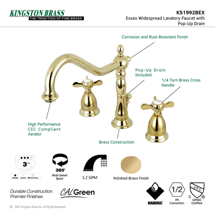 Essex KS1992BEX Two-Handle 3-Hole Deck Mount Widespread Bathroom Faucet with Brass Pop-Up, Polished Brass