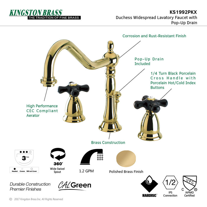Duchess KS1992PKX Two-Handle 3-Hole Deck Mount Widespread Bathroom Faucet with Brass Pop-Up, Polished Brass