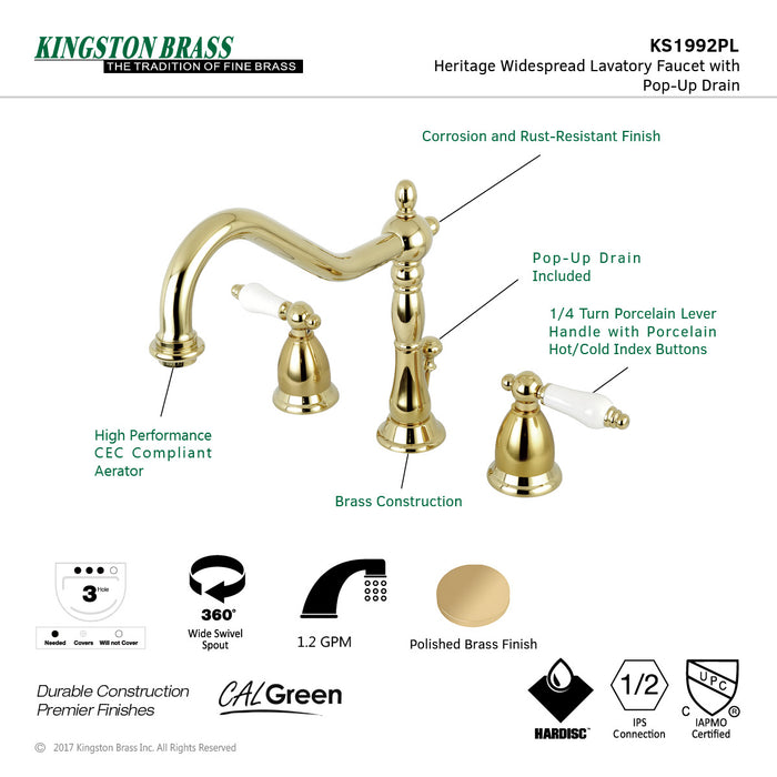 Heritage KS1992PL Two-Handle 3-Hole Deck Mount Widespread Bathroom Faucet with Brass Pop-Up, Polished Brass
