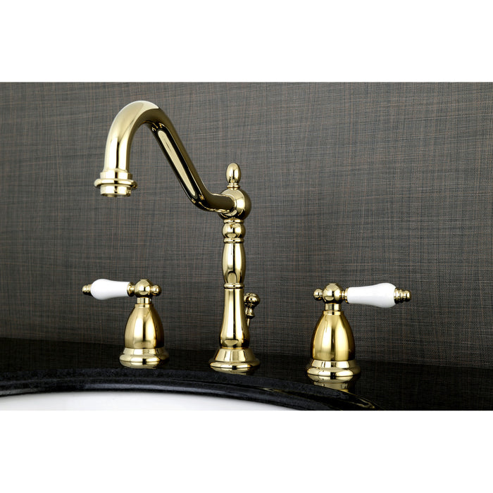 Heritage KS1992PL Two-Handle 3-Hole Deck Mount Widespread Bathroom Faucet with Brass Pop-Up, Polished Brass