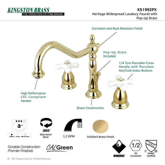 Kingston Heirloom KS1992PX - Heritage Two-Handle 3-Hole Deck Mount Widespread Bathroom Faucet with Brass Pop-Up, Polished Brass