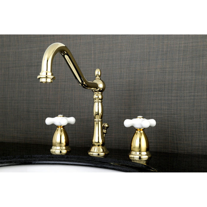Kingston Heirloom KS1992PX - Heritage Two-Handle 3-Hole Deck Mount Widespread Bathroom Faucet with Brass Pop-Up, Polished Brass