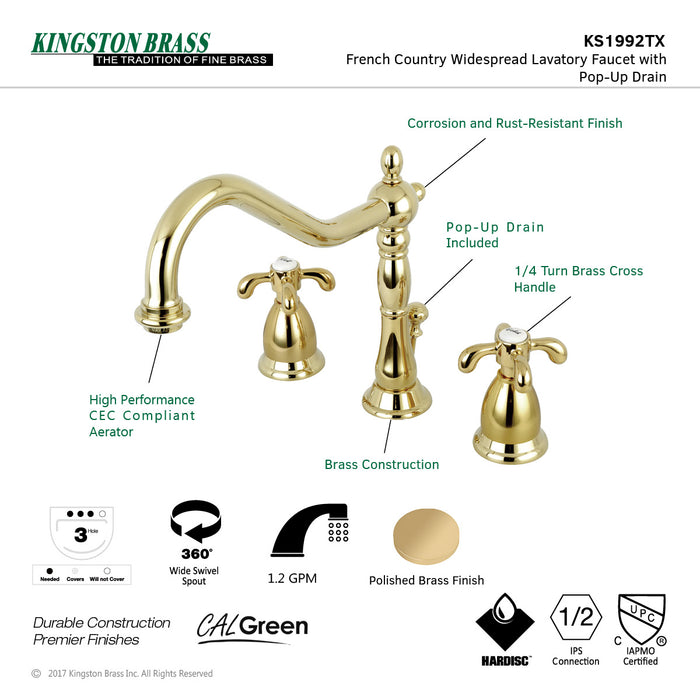 Kingston Heirloom KS1992TX - French Country Two-Handle 3-Hole Deck Mount Widespread Bathroom Faucet with Brass Pop-Up, Polished Brass