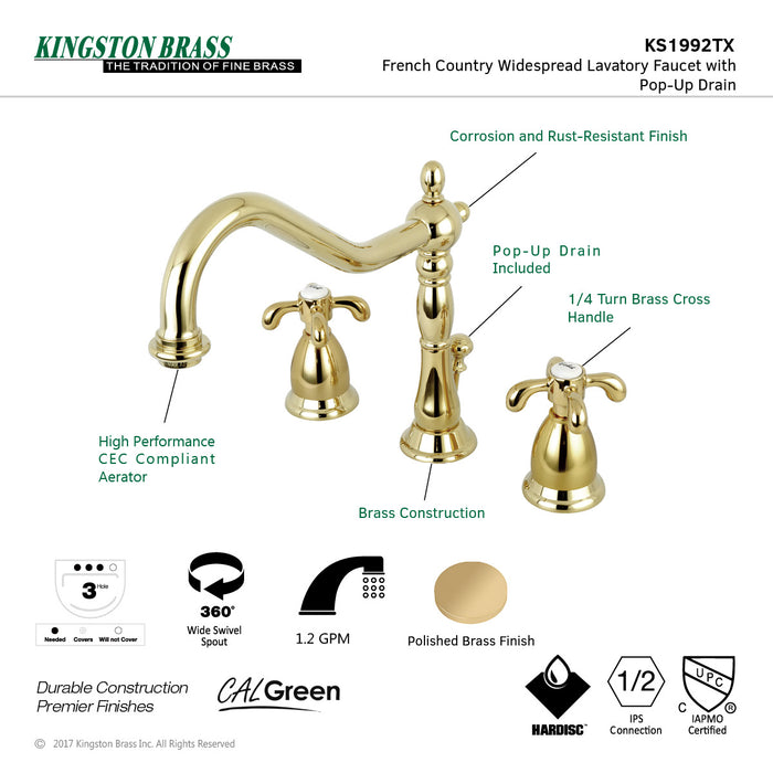 French Country KS1992TX Two-Handle 3-Hole Deck Mount Widespread Bathroom Faucet with Brass Pop-Up, Polished Brass