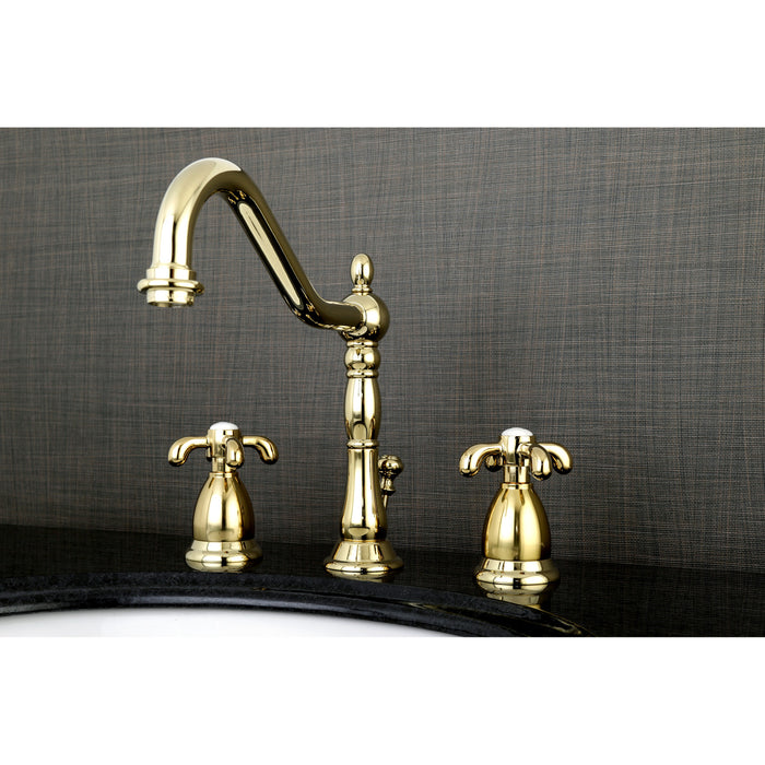 French Country KS1992TX Two-Handle 3-Hole Deck Mount Widespread Bathroom Faucet with Brass Pop-Up, Polished Brass