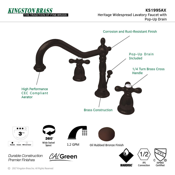 Heritage KS1995AX Two-Handle 3-Hole Deck Mount Widespread Bathroom Faucet with Brass Pop-Up, Oil Rubbed Bronze