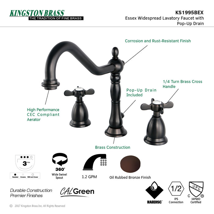 Kingston Heirloom KS1995BEX - Essex Two-Handle 3-Hole Deck Mount Widespread Bathroom Faucet with Brass Pop-Up, Oil Rubbed Bronze