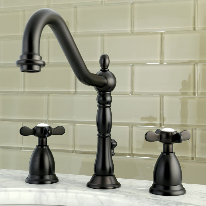 Kingston Heirloom KS1995BEX - Essex Two-Handle 3-Hole Deck Mount Widespread Bathroom Faucet with Brass Pop-Up, Oil Rubbed Bronze